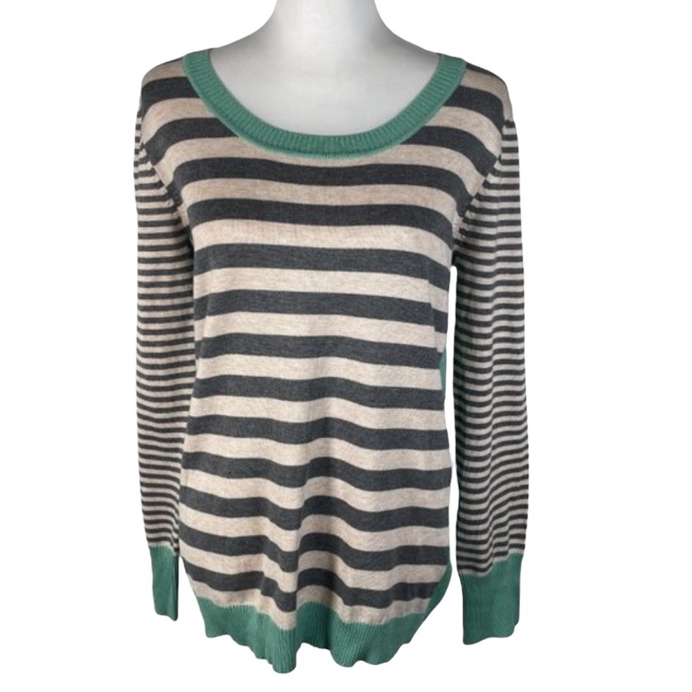 O+O Green Gray Tan Stripes Round Crew Neck Tight Knit Long Sleeve Pullover L